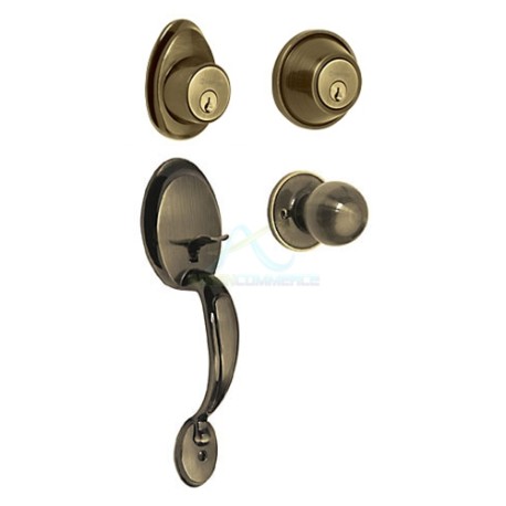 CERRADURA ENTRADA LATON ANTIGUO DOBLE POMO-JALADERA