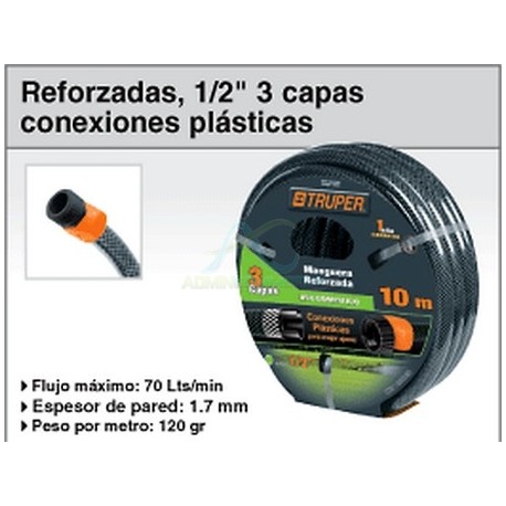 MANGUERA 1/2″ REFORZADA 3 CAPAS CONEXIONES PLASTICAS 15M