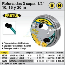 MANGUERA 1/2″ REFORZADA 3 CAPAS 15 M PRETUL
