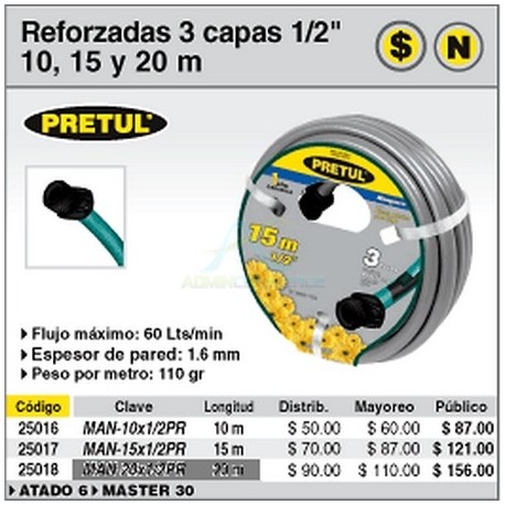 MANGUERA 1/2″ REFORZADA 3 CAPAS 15 M PRETUL